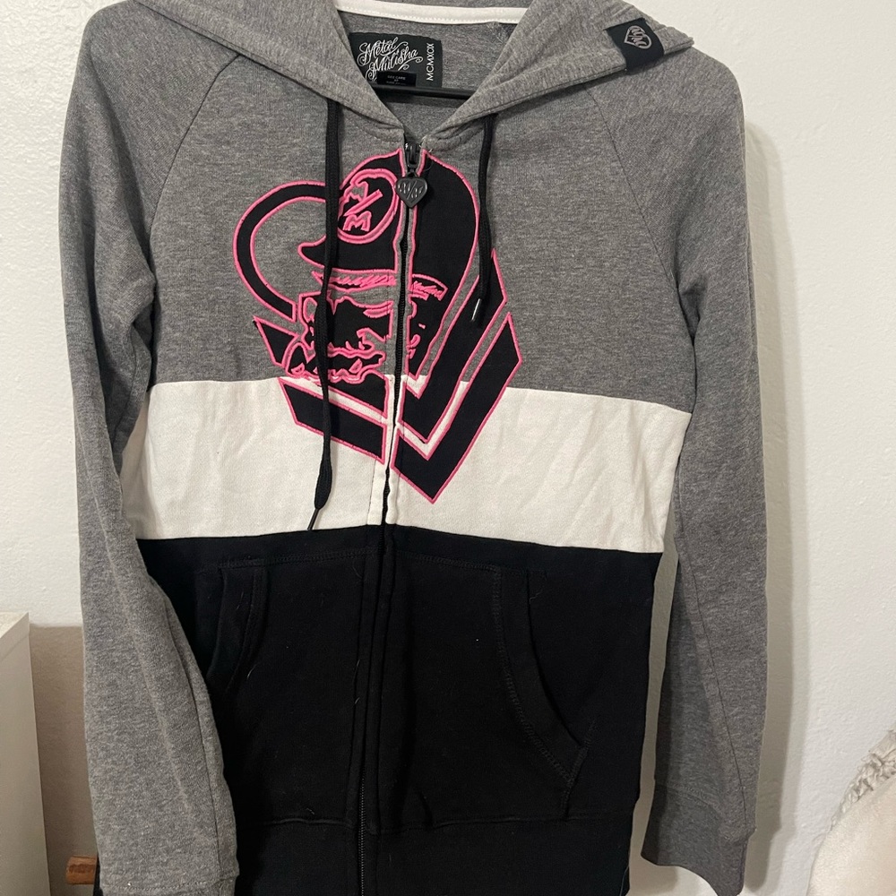 Metal Mulisha pink grey white black zip up hoodie. Size XS. Used barely